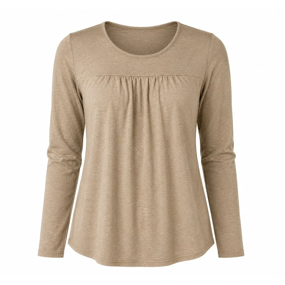 Womens Beige Long Sleeve Peasant Top Gathered Yoke Boho Casual Tunic Blouse XXL - Picture 2 of 7